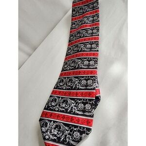 Lorenzo Selini Mens Tie Black Red Silver Baroque Floral Striped Pattern USA Made